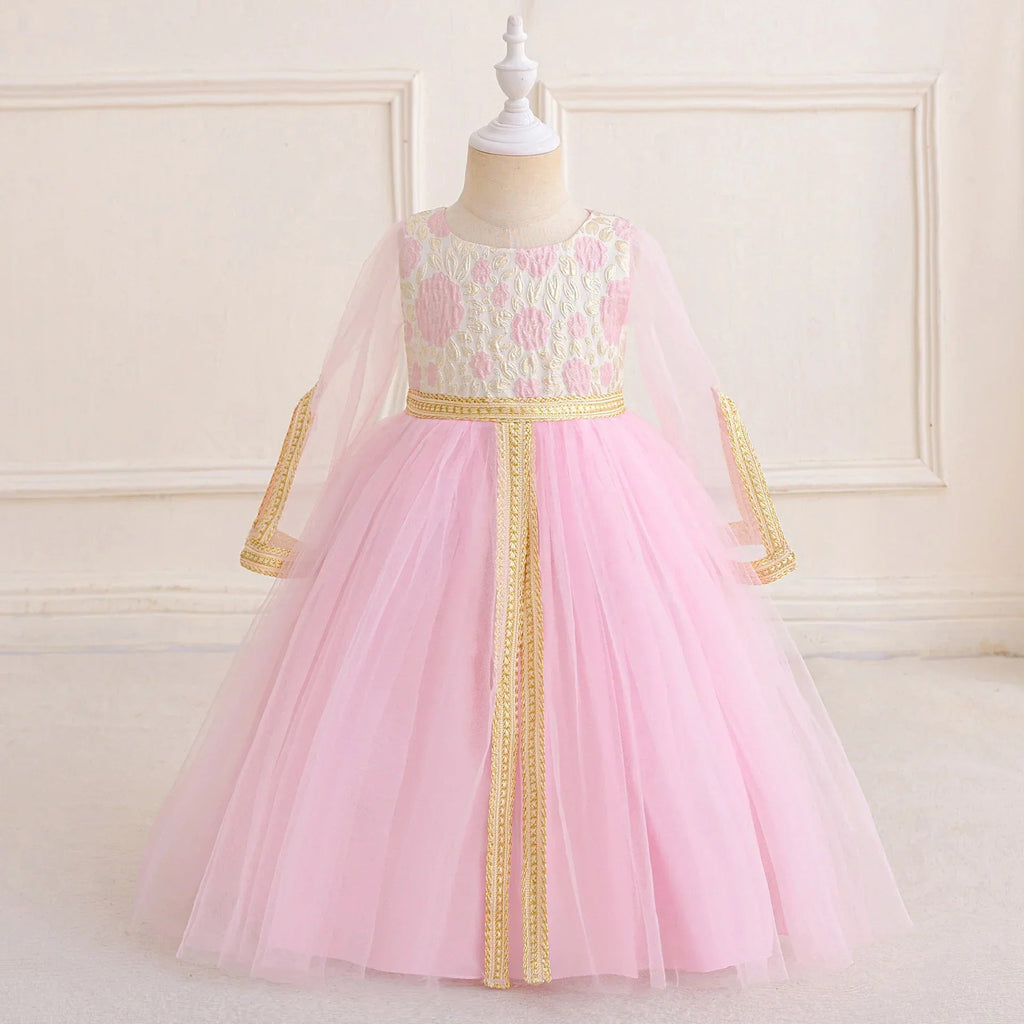 LM212 Robe Aïd Filles – Robe de Fête Musulmane Modeste Manches Longues, Brodée, Longueur Totale (4–7 ans)