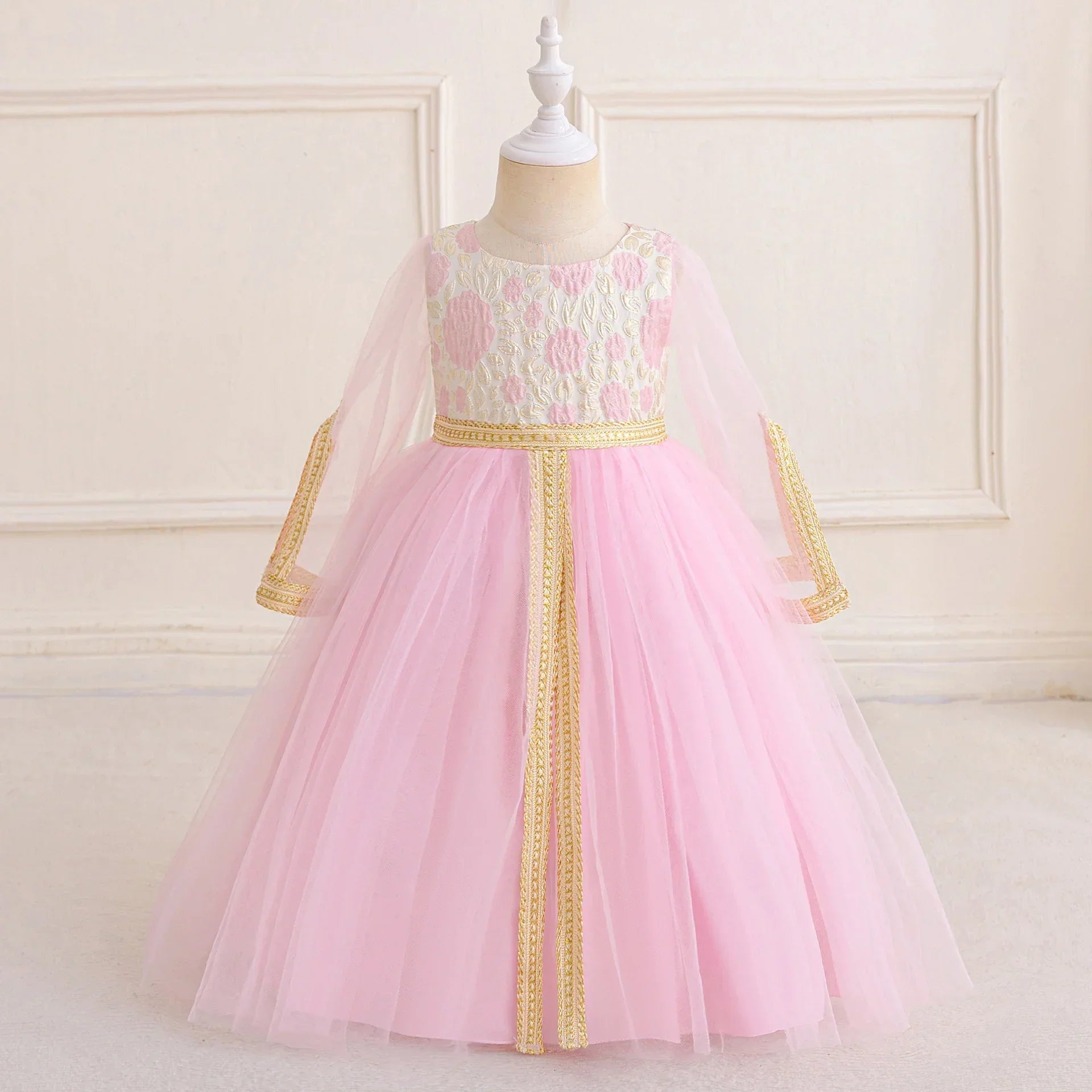 LM212 Robe Aïd Filles – Robe de Fête Musulmane Modeste Manches Longues, Brodée, Longueur Totale (4–7 ans)