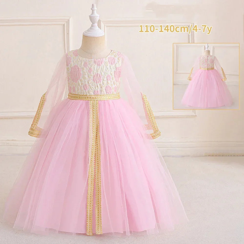 LM212 Robe Aïd Filles – Robe de Fête Musulmane Modeste Manches Longues, Brodée, Longueur Totale (4–7 ans)