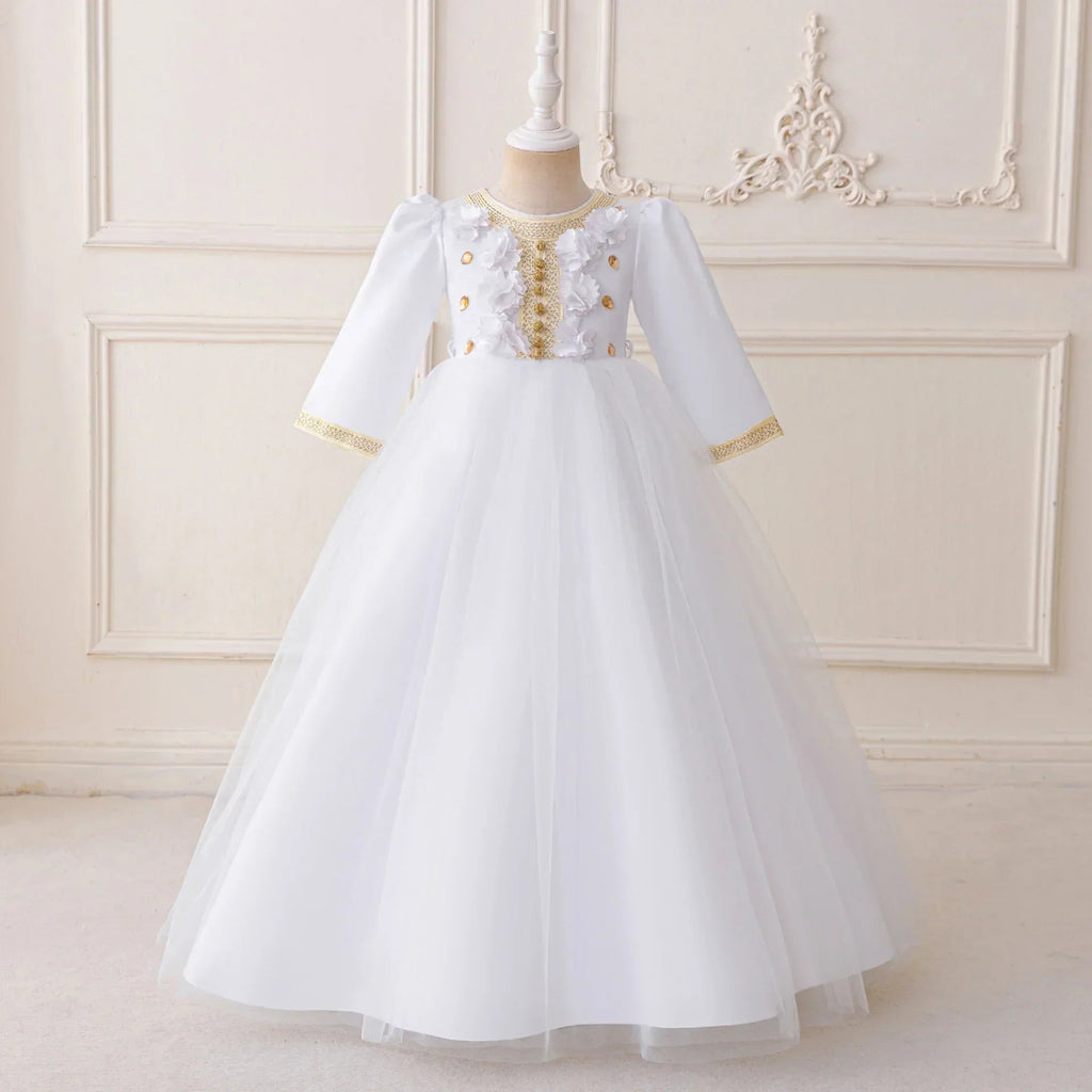 LM213 Robe Aïd Filles – Robe de Fête Musulmane Modeste Manches Longues, Brodée, Longueur Totale (4–7 ans)