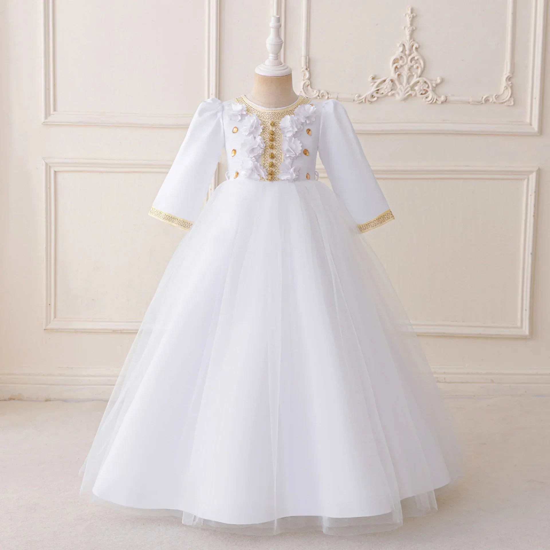 LM213 Robe Aïd Filles – Robe de Fête Musulmane Modeste Manches Longues, Brodée, Longueur Totale (4–7 ans)