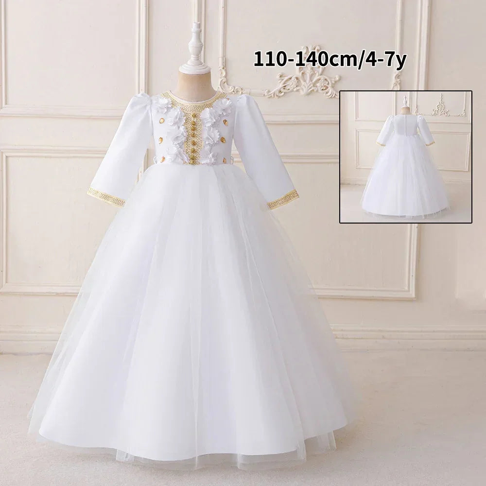 LM213 Robe Aïd Filles – Robe de Fête Musulmane Modeste Manches Longues, Brodée, Longueur Totale (4–7 ans)