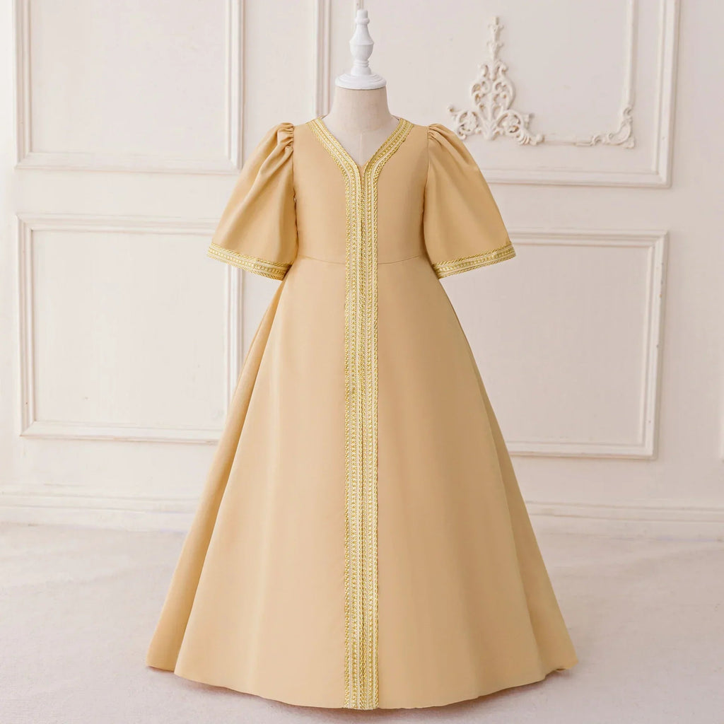 LM214 Robe Aïd Filles – Robe de Fête Musulmane Modeste Manches Longues, Brodée, Longueur Totale (4–7 ans)
