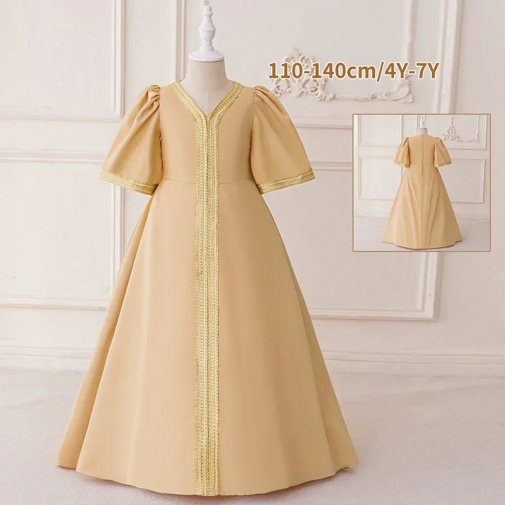 LM214 Robe Aïd Filles – Robe de Fête Musulmane Modeste Manches Longues, Brodée, Longueur Totale (4–7 ans)