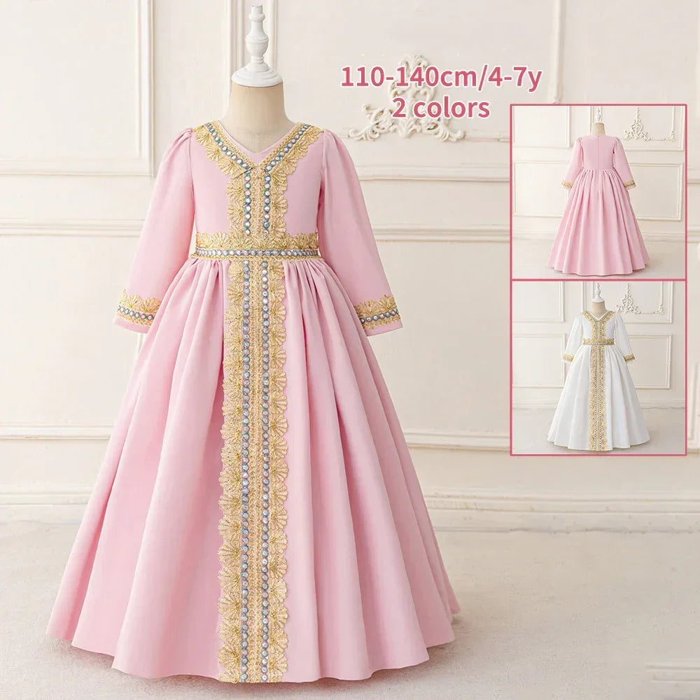 LM215 Robe Aïd Filles – Robe de Fête Musulmane Modeste Manches Longues, Brodée, Longueur Totale (4–7 ans)