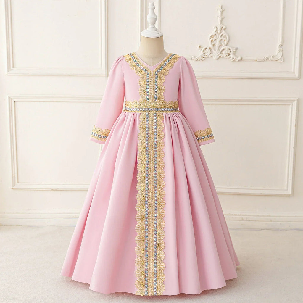 LM215 Robe Aïd Filles – Robe de Fête Musulmane Modeste Manches Longues, Brodée, Longueur Totale (4–7 ans)