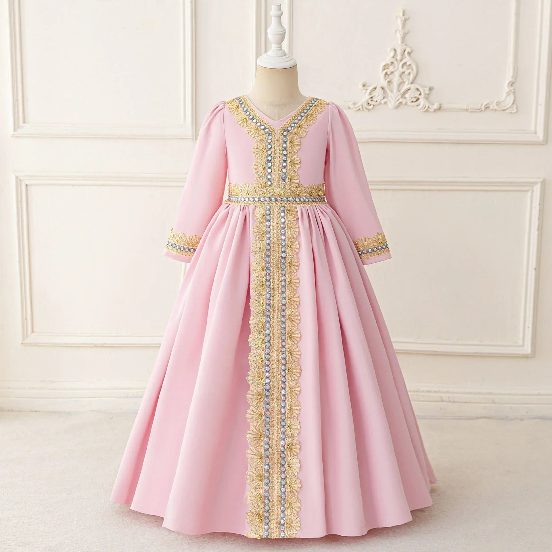 LM215 Robe Aïd Filles – Robe de Fête Musulmane Modeste Manches Longues, Brodée, Longueur Totale (4–7 ans)