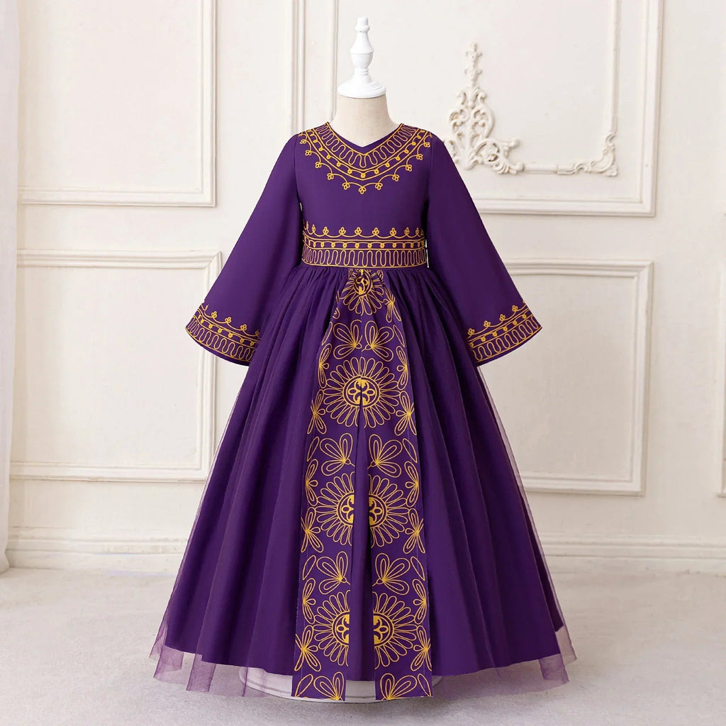 LM216 Robe Aïd Filles – Robe de Fête Musulmane Modeste Manches Longues, Brodée, Longueur Totale (4–7 ans)