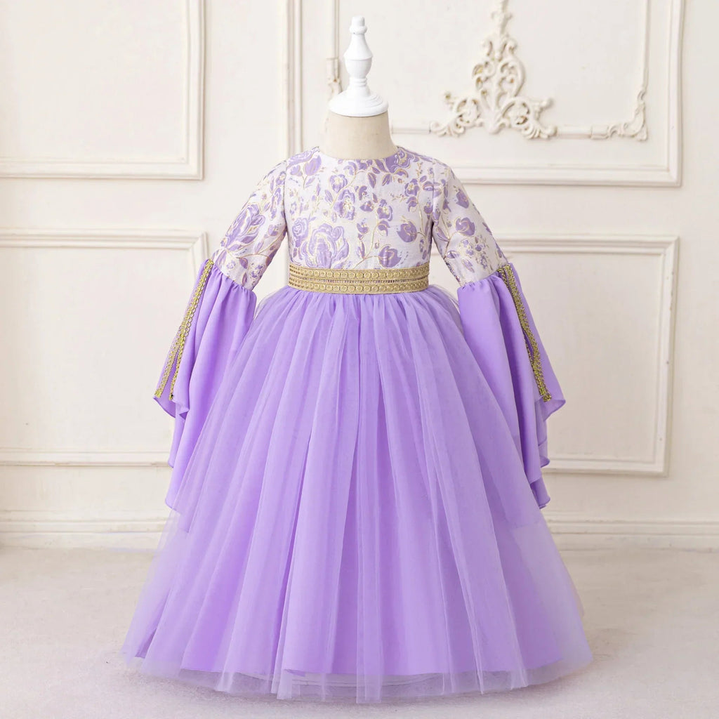 LM217 Robe Aïd Filles – Robe de Fête Musulmane Modeste Manches Longues, Brodée, Longueur Totale (4–7 ans)