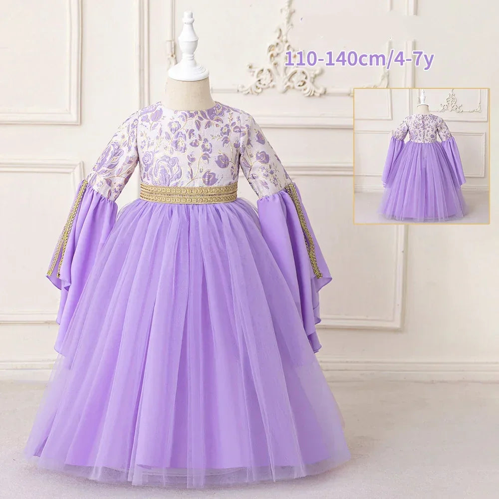 LM217 Robe Aïd Filles – Robe de Fête Musulmane Modeste Manches Longues, Brodée, Longueur Totale (4–7 ans)