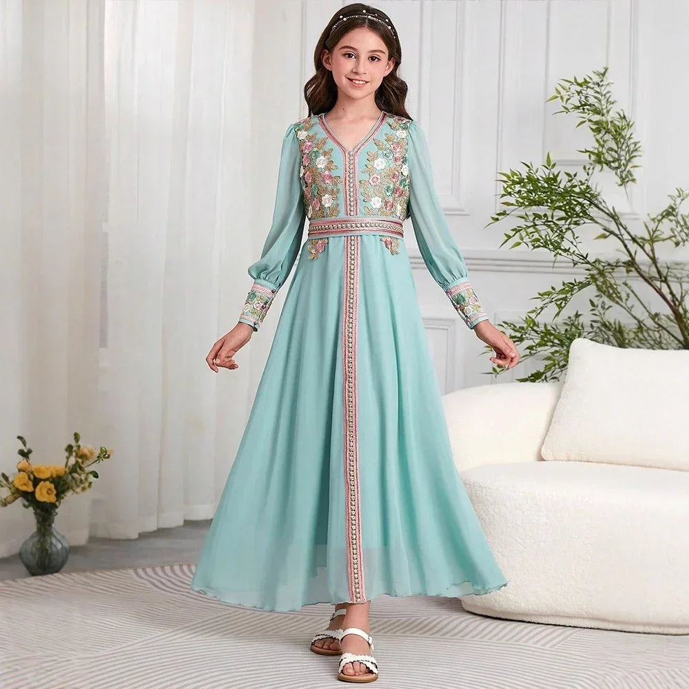 LM218 Robe Aïd Filles – Col V Brodé, Robe de Fête Modeste Manches Longues (8–12 ans)