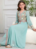 LM218 Robe Aïd Filles – Col V Brodé, Robe de Fête Modeste Manches Longues (8–12 ans)