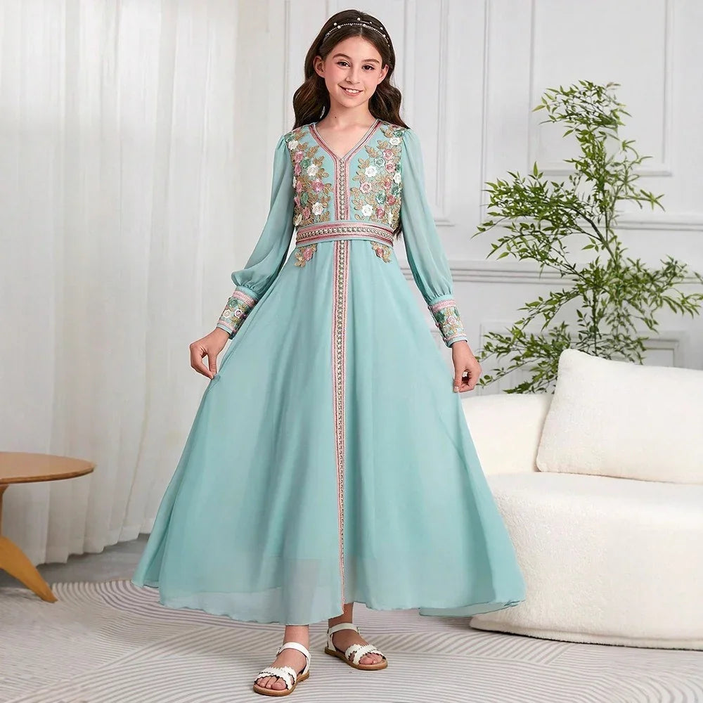 LM218 Robe Aïd Filles – Col V Brodé, Robe de Fête Modeste Manches Longues (8–12 ans)