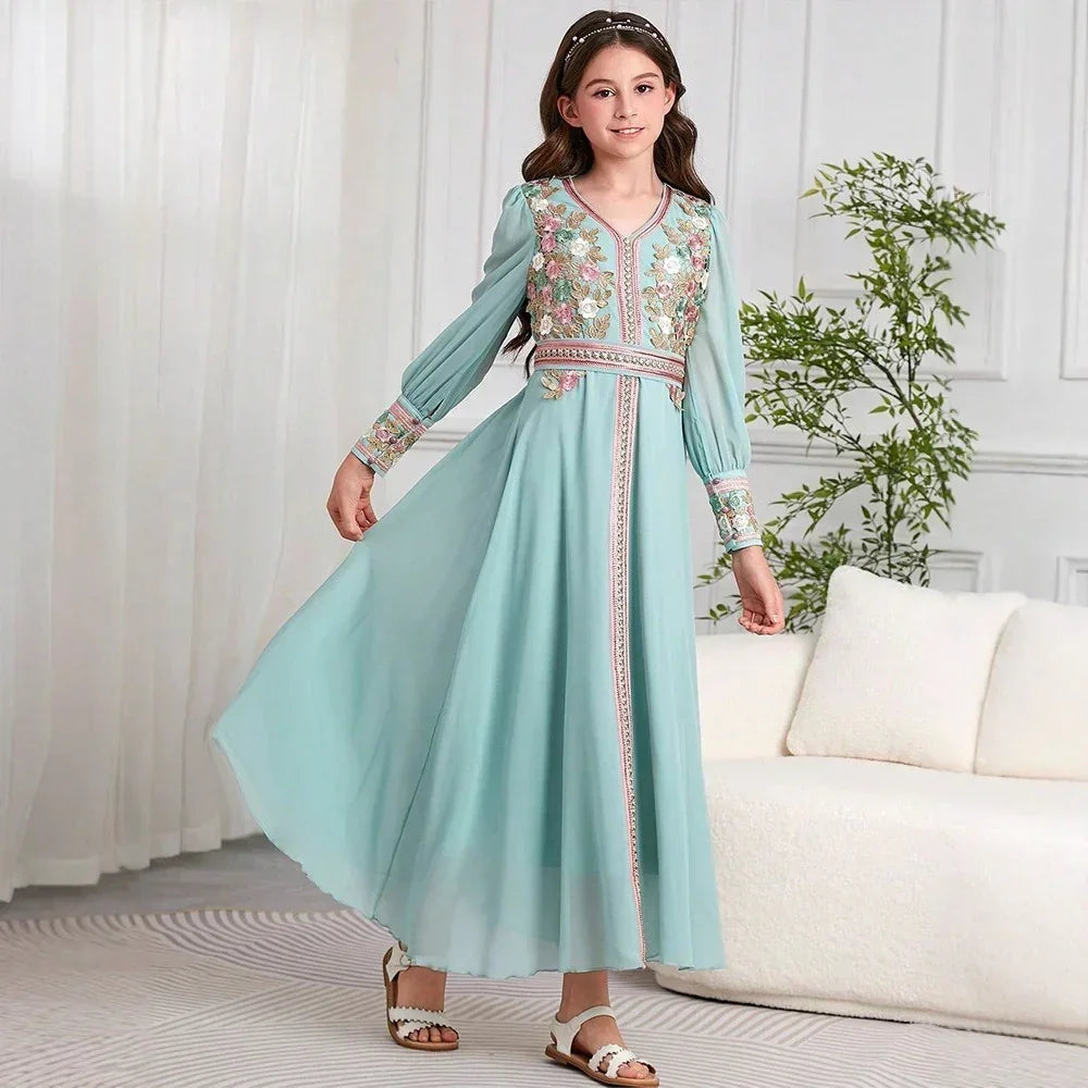 LM218 Robe Aïd Filles – Col V Brodé, Robe de Fête Modeste Manches Longues (8–12 ans)