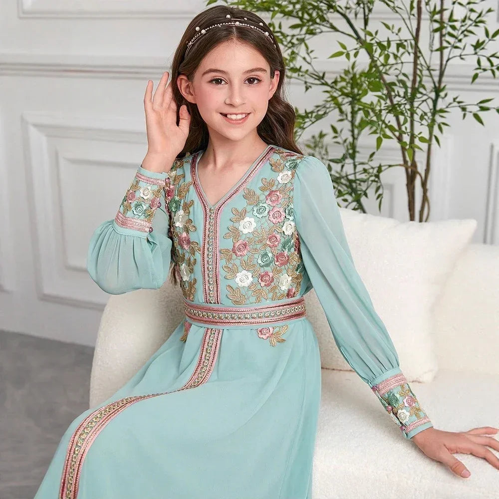 LM218 Robe Aïd Filles – Col V Brodé, Robe de Fête Modeste Manches Longues (8–12 ans)