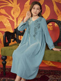 LM219 Robe Aïd Filles – Col V Orné, Robe de Fête Modeste Manches Longues (8–12 ans)