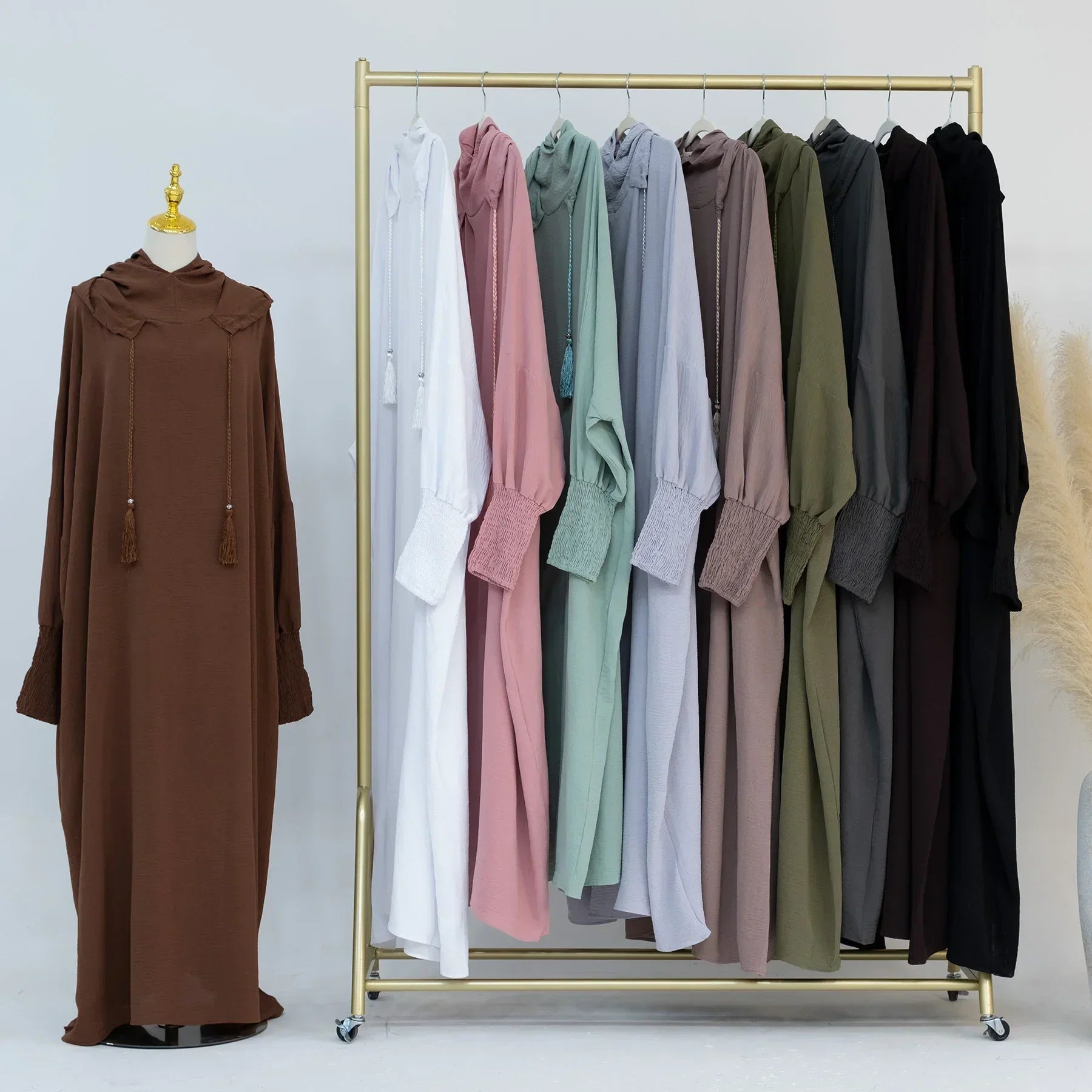 LM220 Robe Abaya à Capuche pour Femmes – Manches Chauve-Souris, Capuche Cordon, Poignets Froncés, Couleur Unie