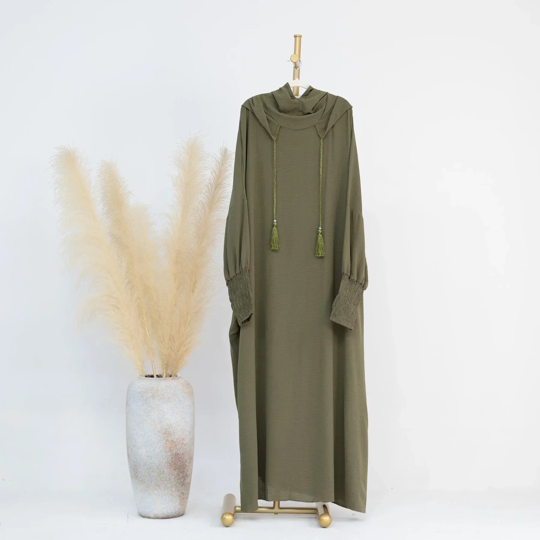 LM220 Robe Abaya à Capuche pour Femmes – Manches Chauve-Souris, Capuche Cordon, Poignets Froncés, Couleur Unie