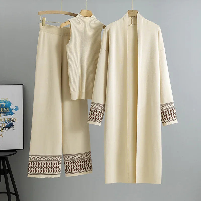 LM221 Ensemble Abaya 3 Pièces – Cardigan, Haut Col Montant & Pantalon Large avec Poignets & Ourlet Jacquard Géométrique | Superposition Hiver Modeste
