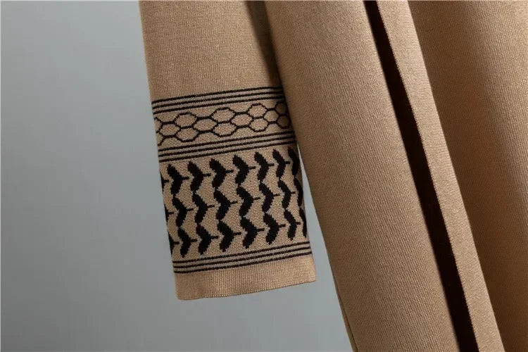 LM221 Ensemble Abaya 3 Pièces – Cardigan, Haut Col Montant & Pantalon Large avec Poignets & Ourlet Jacquard Géométrique | Superposition Hiver Modeste