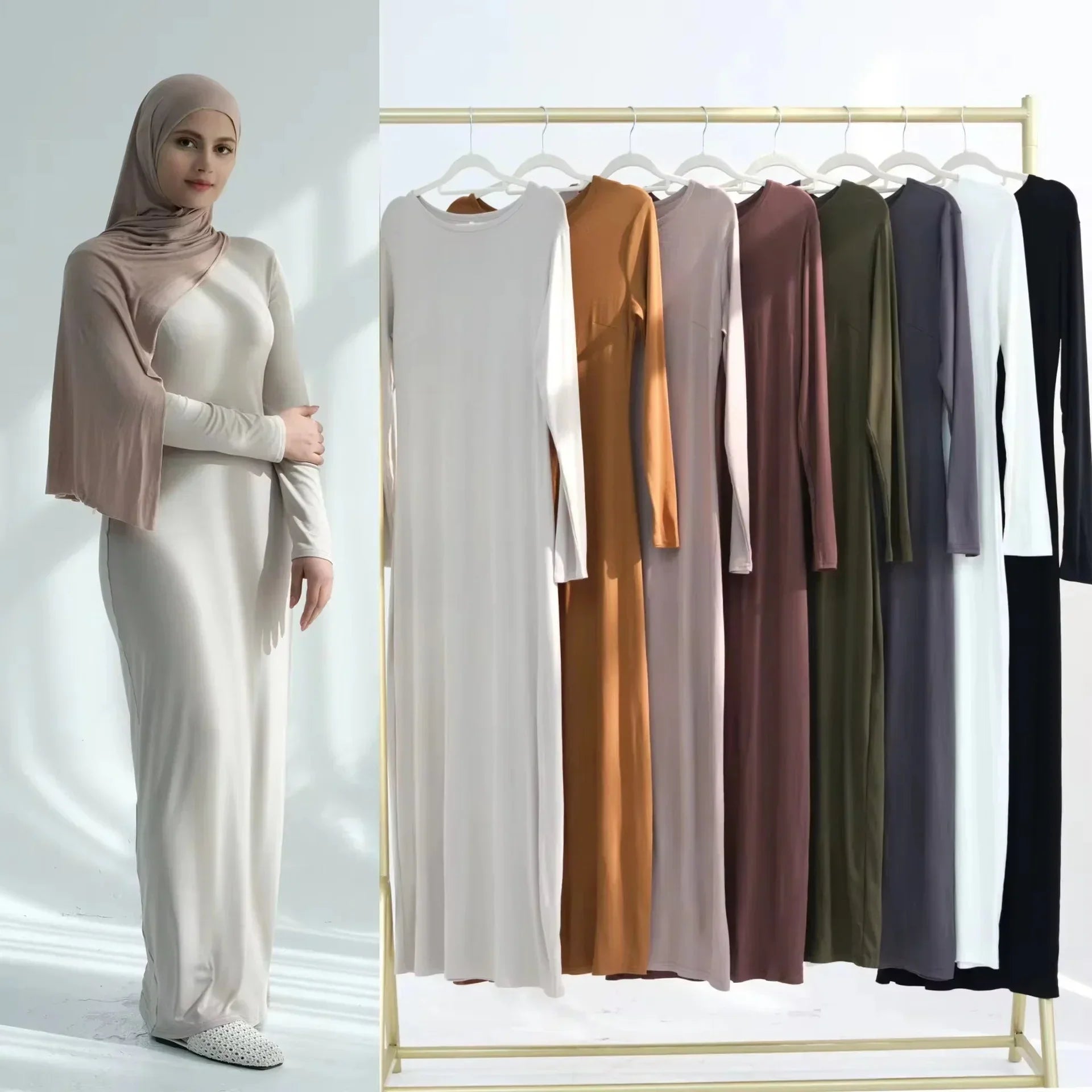 LM222 Robe Abaya Coton Modal – Uni Plaine, Maxi Manches Longues ; Robe Intérieure Optionnelle pour Superposition (Foulard Non Inclus)