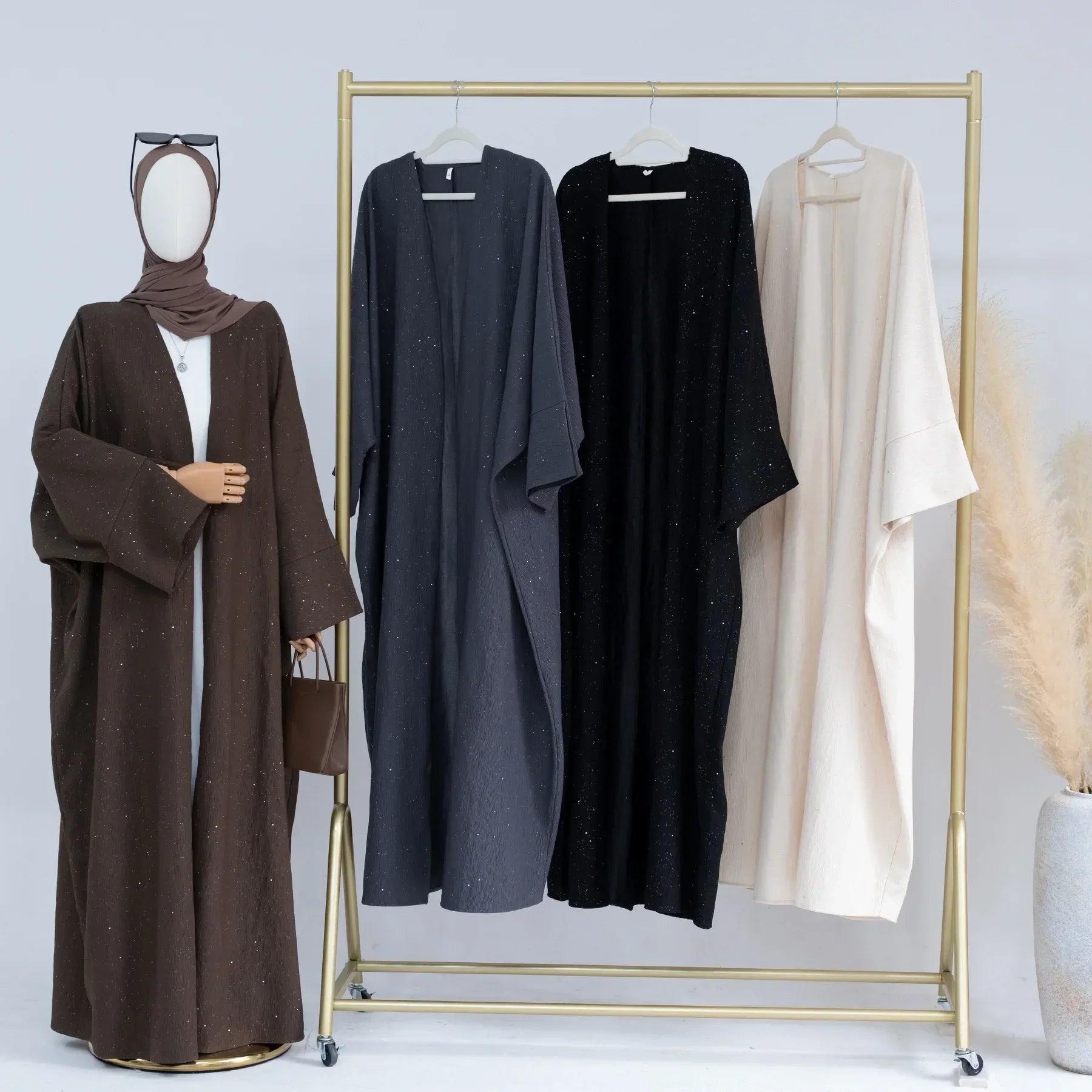 LM223 Abaya Ouverte Froissée – Duster Maxi Texturé Manches Larges, Superposition Hiver, Option Longueur 150cm (S–XXL)
