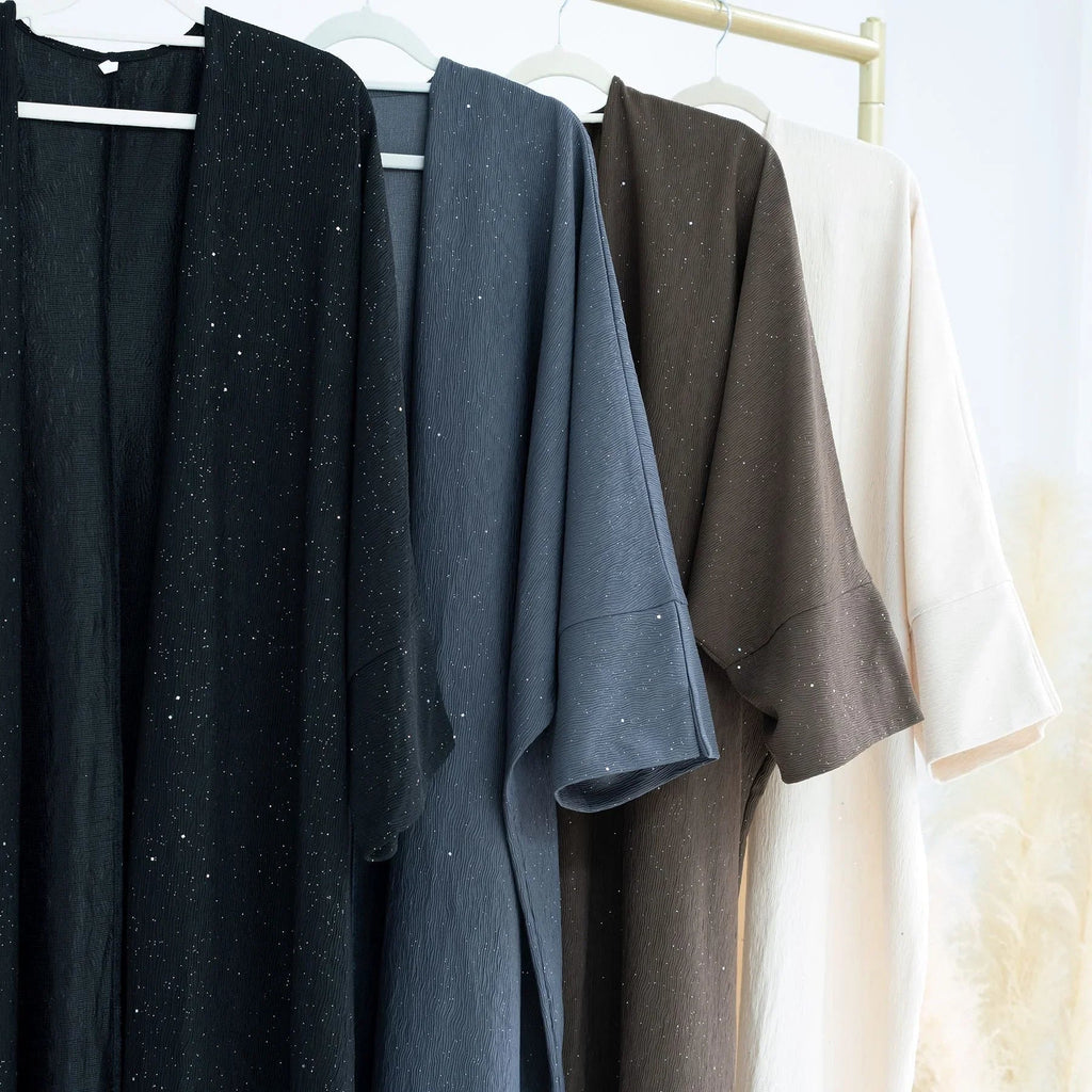 LM223 Abaya Ouverte Froissée – Duster Maxi Texturé Manches Larges, Superposition Hiver, Option Longueur 150cm (S–XXL)
