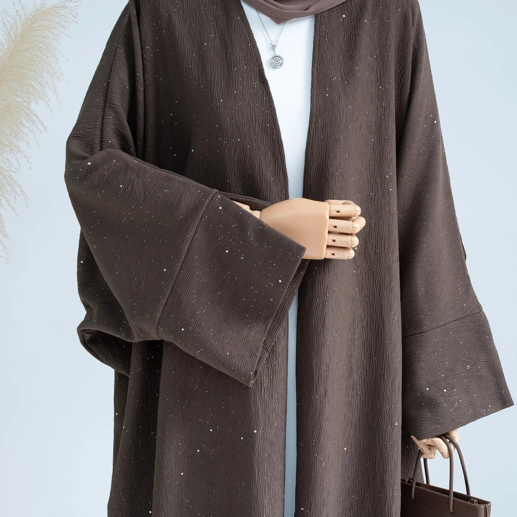 LM223 Abaya Ouverte Froissée – Duster Maxi Texturé Manches Larges, Superposition Hiver, Option Longueur 150cm (S–XXL)