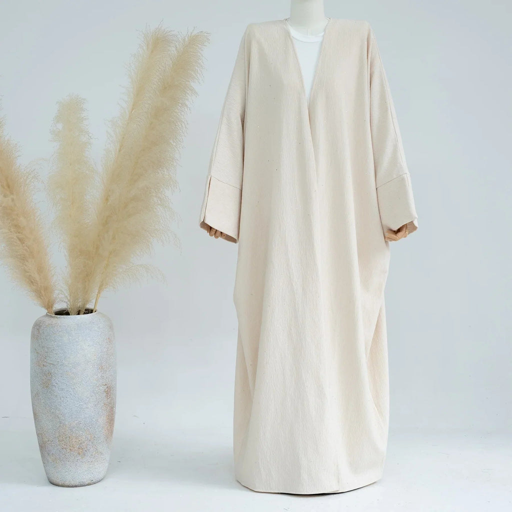 LM223 Abaya Ouverte Froissée – Duster Maxi Texturé Manches Larges, Superposition Hiver, Option Longueur 150cm (S–XXL)