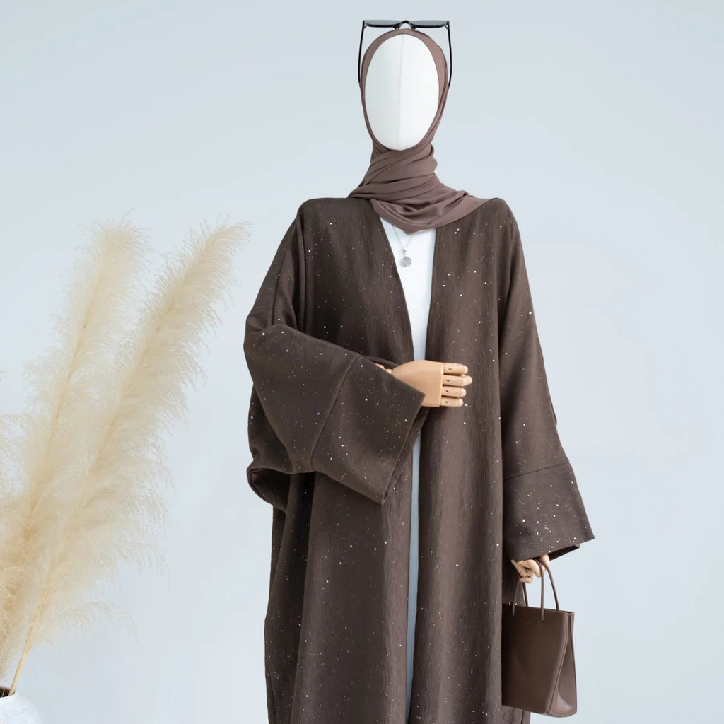 LM223 Abaya Ouverte Froissée – Duster Maxi Texturé Manches Larges, Superposition Hiver, Option Longueur 150cm (S–XXL)