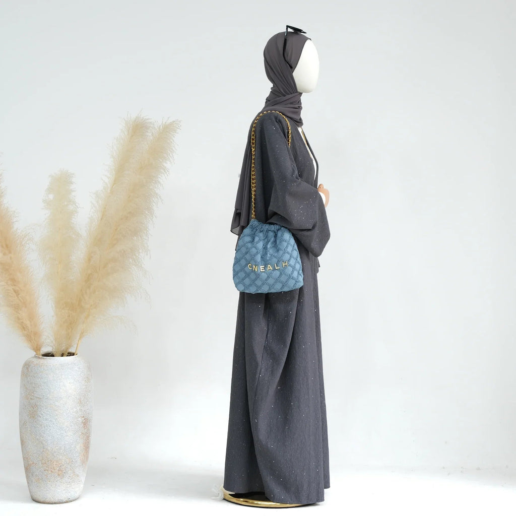 LM223 Abaya Ouverte Froissée – Duster Maxi Texturé Manches Larges, Superposition Hiver, Option Longueur 150cm (S–XXL)