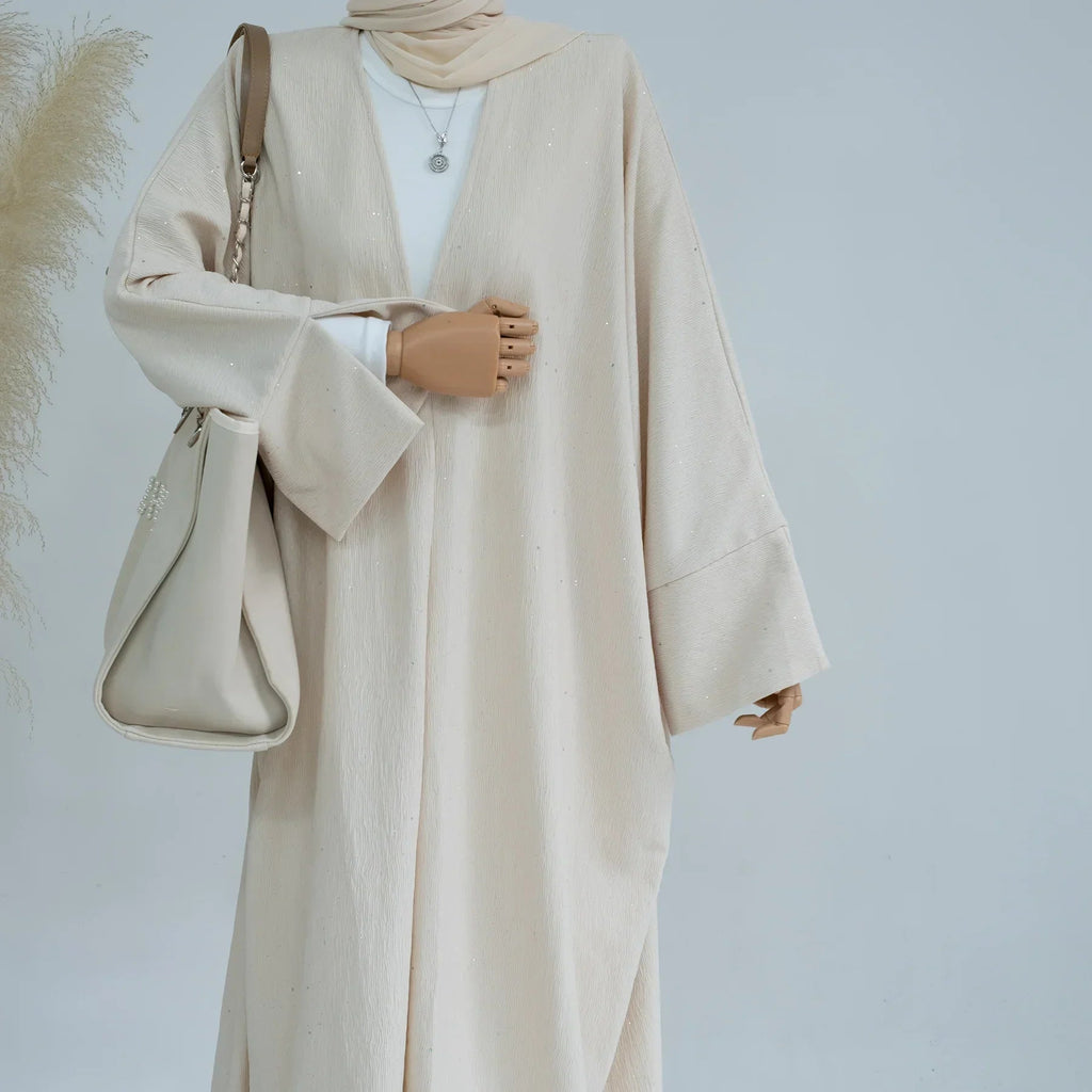 LM223 Abaya Ouverte Froissée – Duster Maxi Texturé Manches Larges, Superposition Hiver, Option Longueur 150cm (S–XXL)