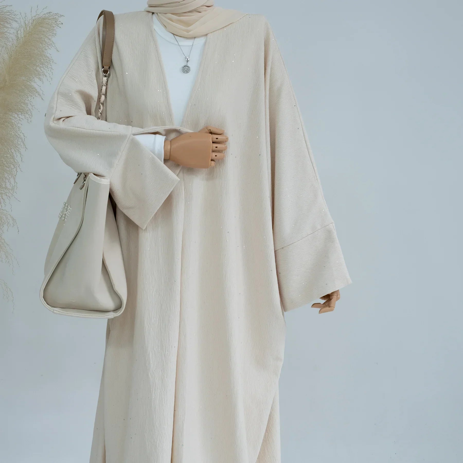 LM223 Abaya Ouverte Froissée – Duster Maxi Texturé Manches Larges, Superposition Hiver, Option Longueur 150cm (S–XXL)