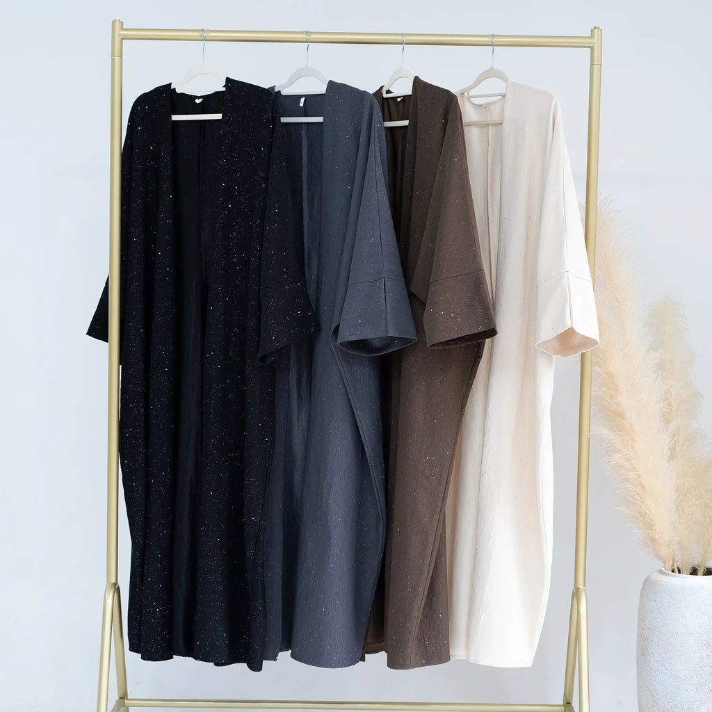 LM223 Abaya Ouverte Froissée – Duster Maxi Texturé Manches Larges, Superposition Hiver, Option Longueur 150cm (S–XXL)