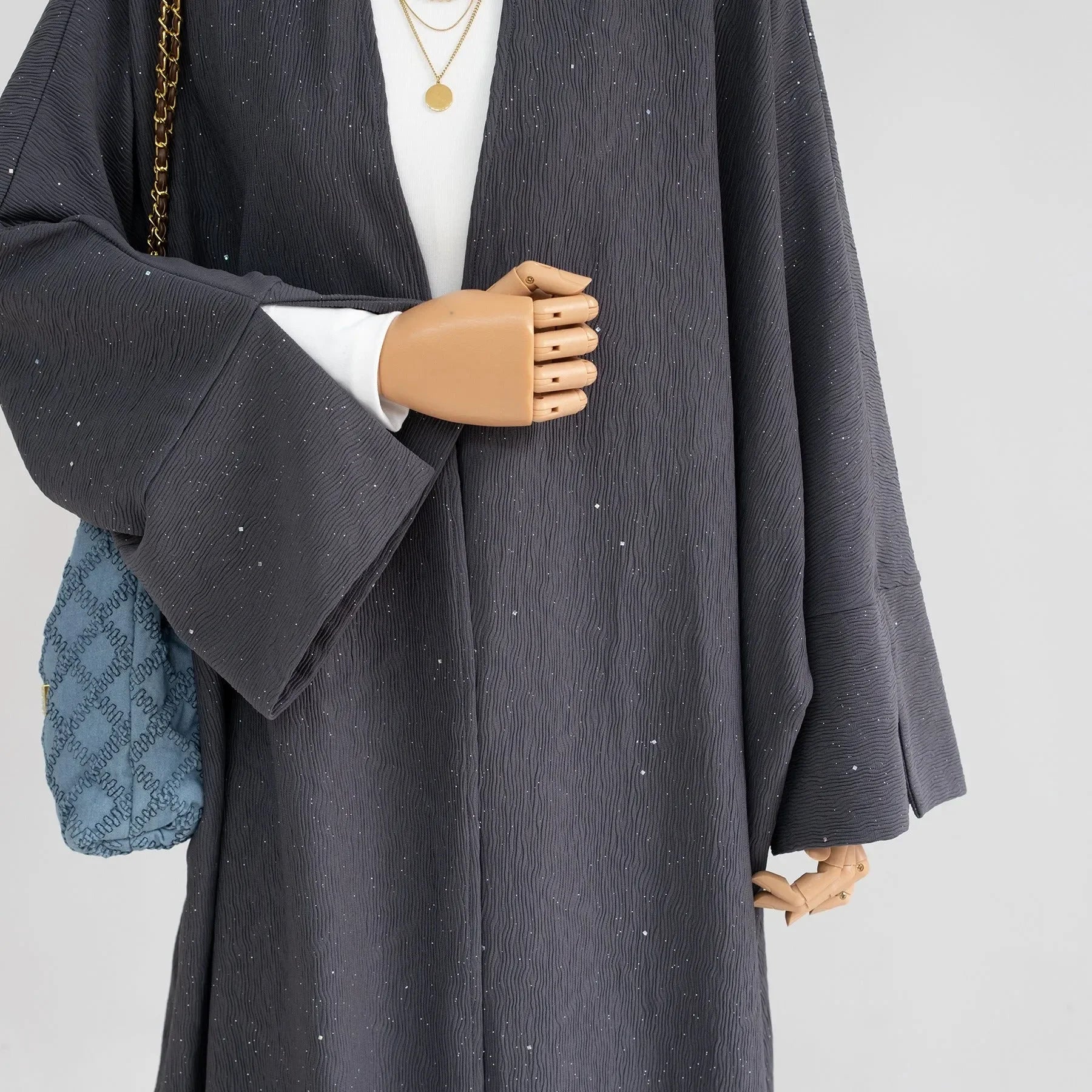 LM223 Abaya Ouverte Froissée – Duster Maxi Texturé Manches Larges, Superposition Hiver, Option Longueur 150cm (S–XXL)