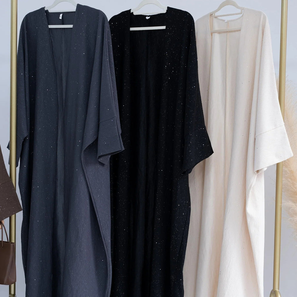 LM223 Abaya Ouverte Froissée – Duster Maxi Texturé Manches Larges, Superposition Hiver, Option Longueur 150cm (S–XXL)
