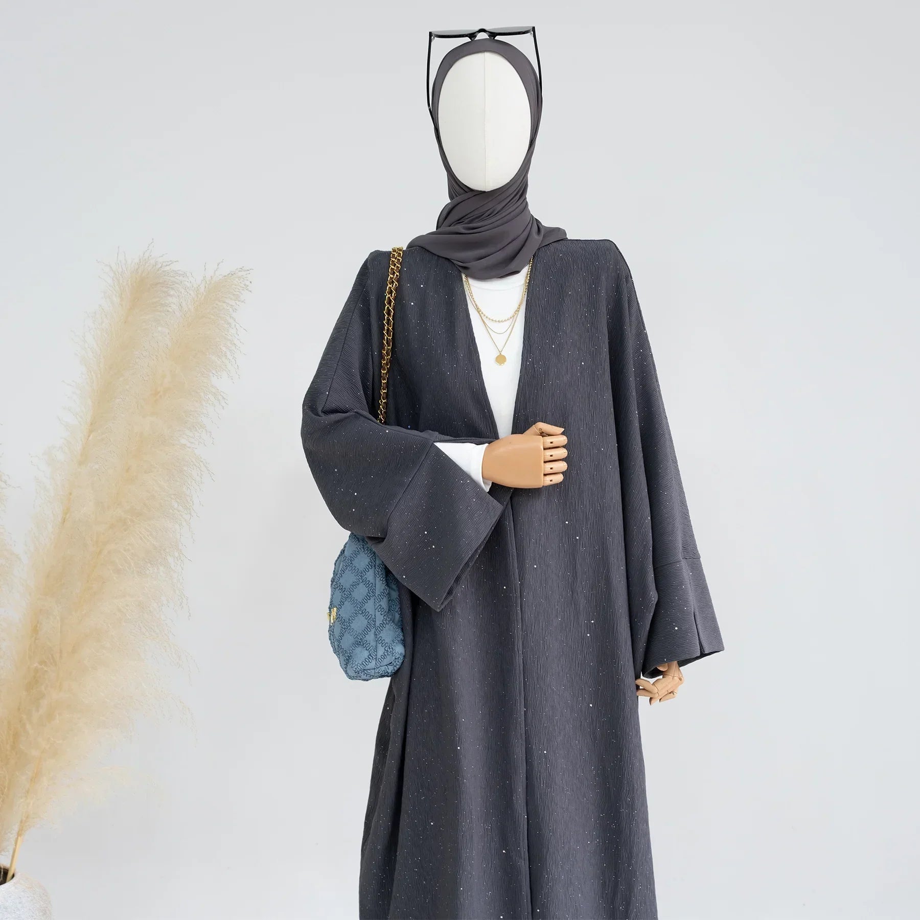 LM223 Abaya Ouverte Froissée – Duster Maxi Texturé Manches Larges, Superposition Hiver, Option Longueur 150cm (S–XXL)