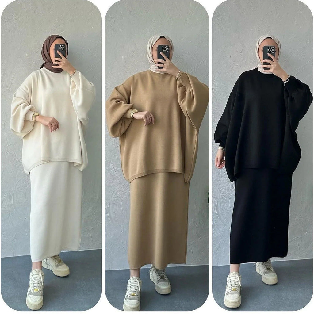 LM224 Ensemble Modeste Tricot Hiver – Coordiné 2 Pièces (Haut Manches Longues + Jupe Maxi Tricotée) | Compatible Hijab, Opaque & Chaud
