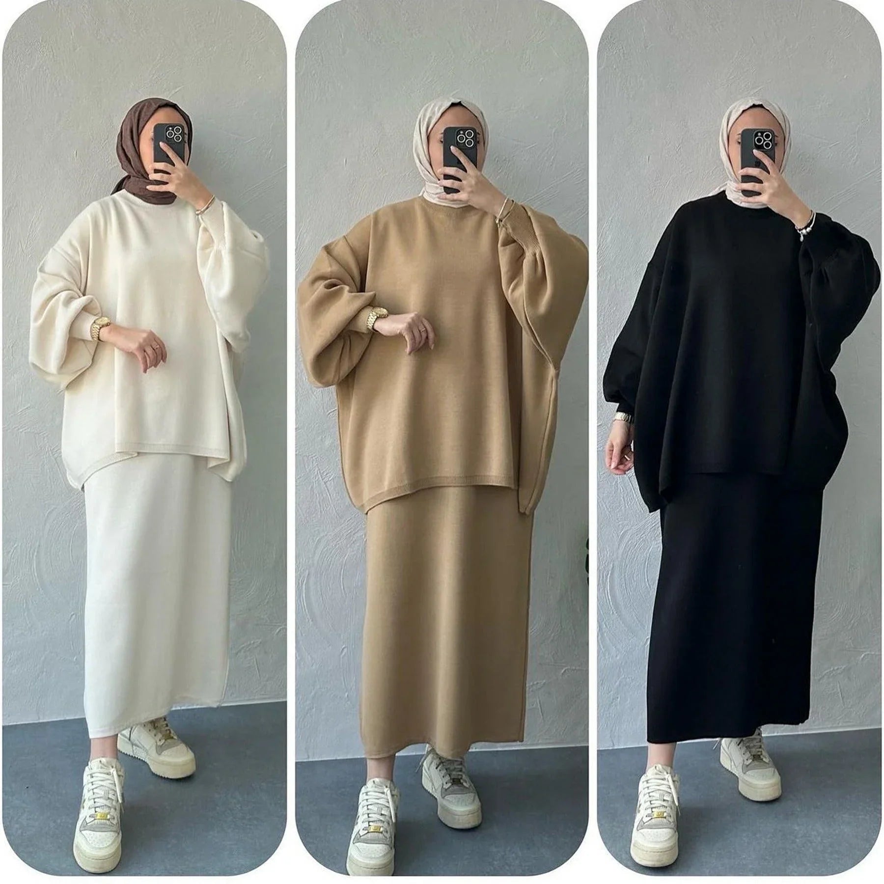LM224 Ensemble Modeste Tricot Hiver – Coordiné 2 Pièces (Haut Manches Longues + Jupe Maxi Tricotée) | Compatible Hijab, Opaque & Chaud