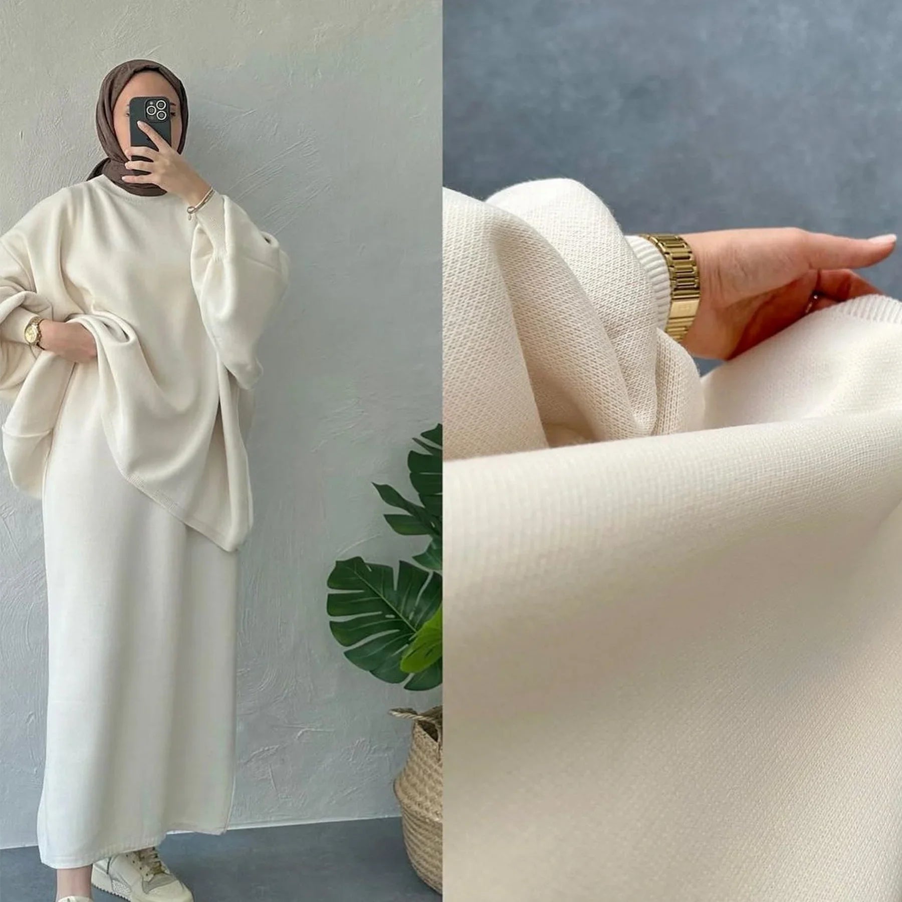 LM224 Ensemble Modeste Tricot Hiver – Coordiné 2 Pièces (Haut Manches Longues + Jupe Maxi Tricotée) | Compatible Hijab, Opaque & Chaud