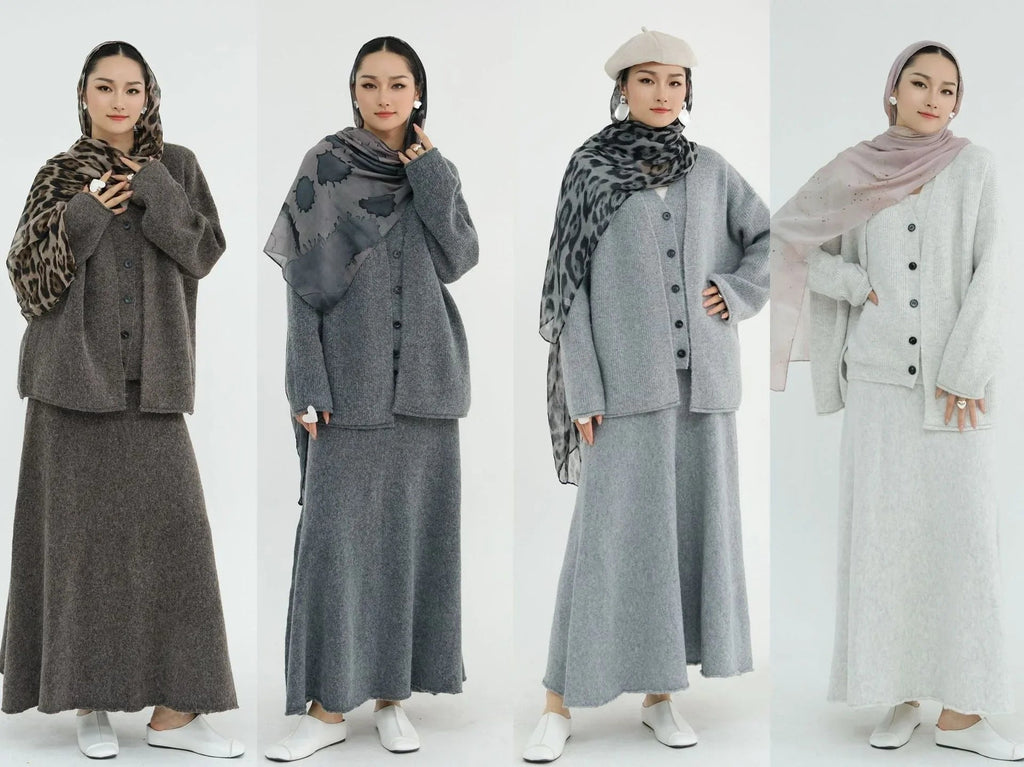 LM225 Ensemble Abaya Tricot Hiver 3 Pièces pour Femmes Musulmanes – Coordiné Modeste