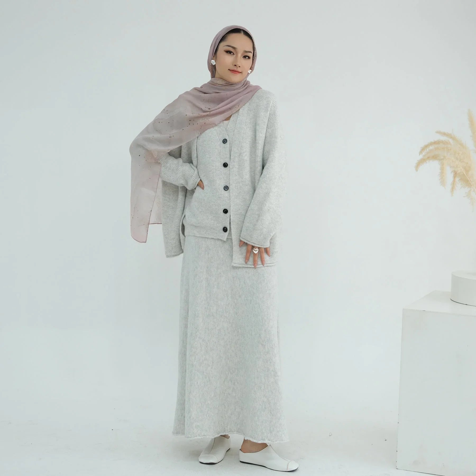 LM225 Ensemble Abaya Tricot Hiver 3 Pièces pour Femmes Musulmanes – Coordiné Modeste