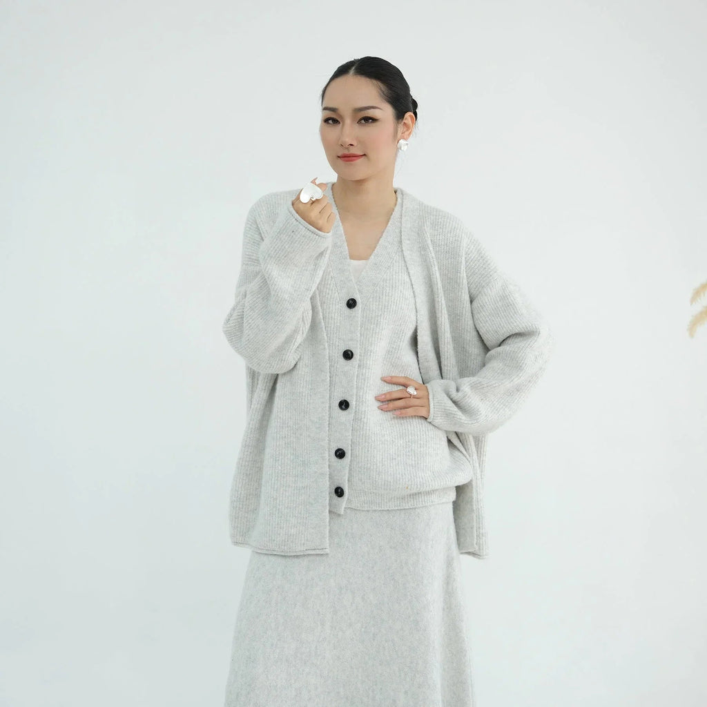 LM225 Ensemble Abaya Tricot Hiver 3 Pièces pour Femmes Musulmanes – Coordiné Modeste