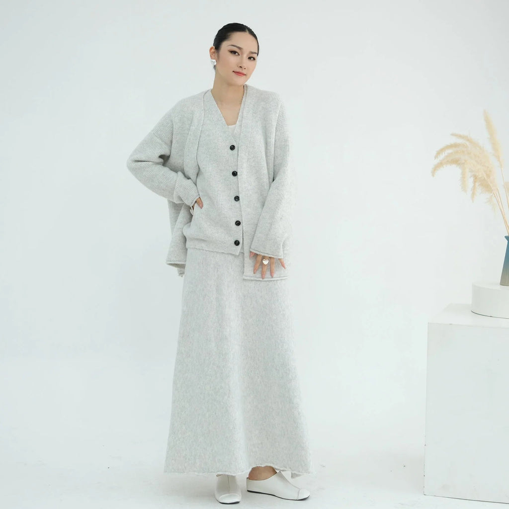 LM225 Ensemble Abaya Tricot Hiver 3 Pièces pour Femmes Musulmanes – Coordiné Modeste