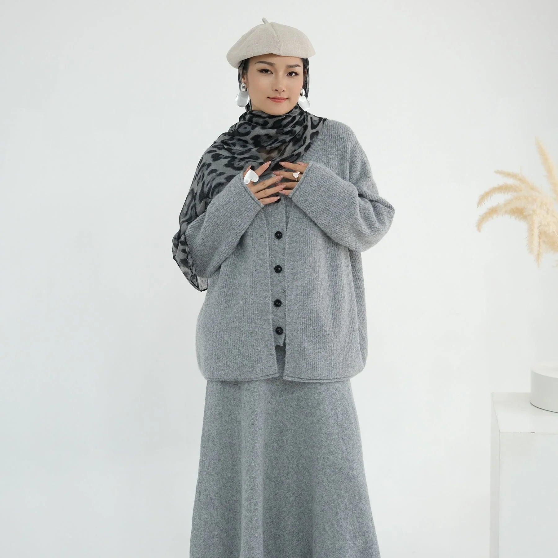 LM225 Ensemble Abaya Tricot Hiver 3 Pièces pour Femmes Musulmanes – Coordiné Modeste
