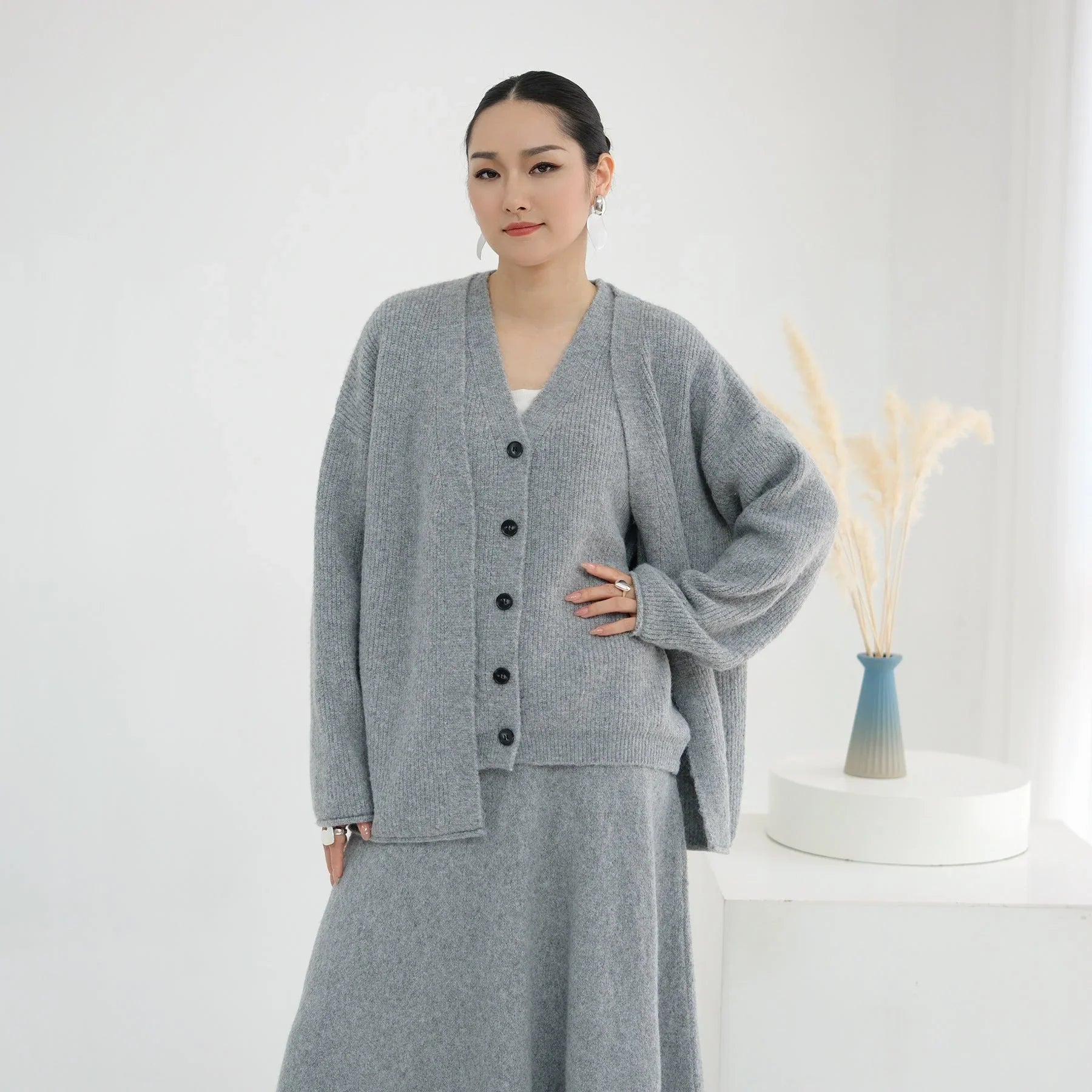 LM225 Ensemble Abaya Tricot Hiver 3 Pièces pour Femmes Musulmanes – Coordiné Modeste