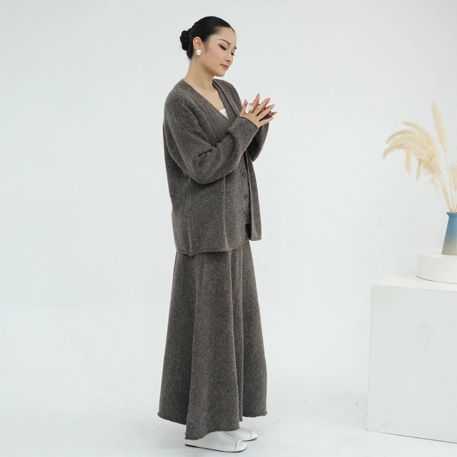 LM225 Ensemble Abaya Tricot Hiver 3 Pièces pour Femmes Musulmanes – Coordiné Modeste