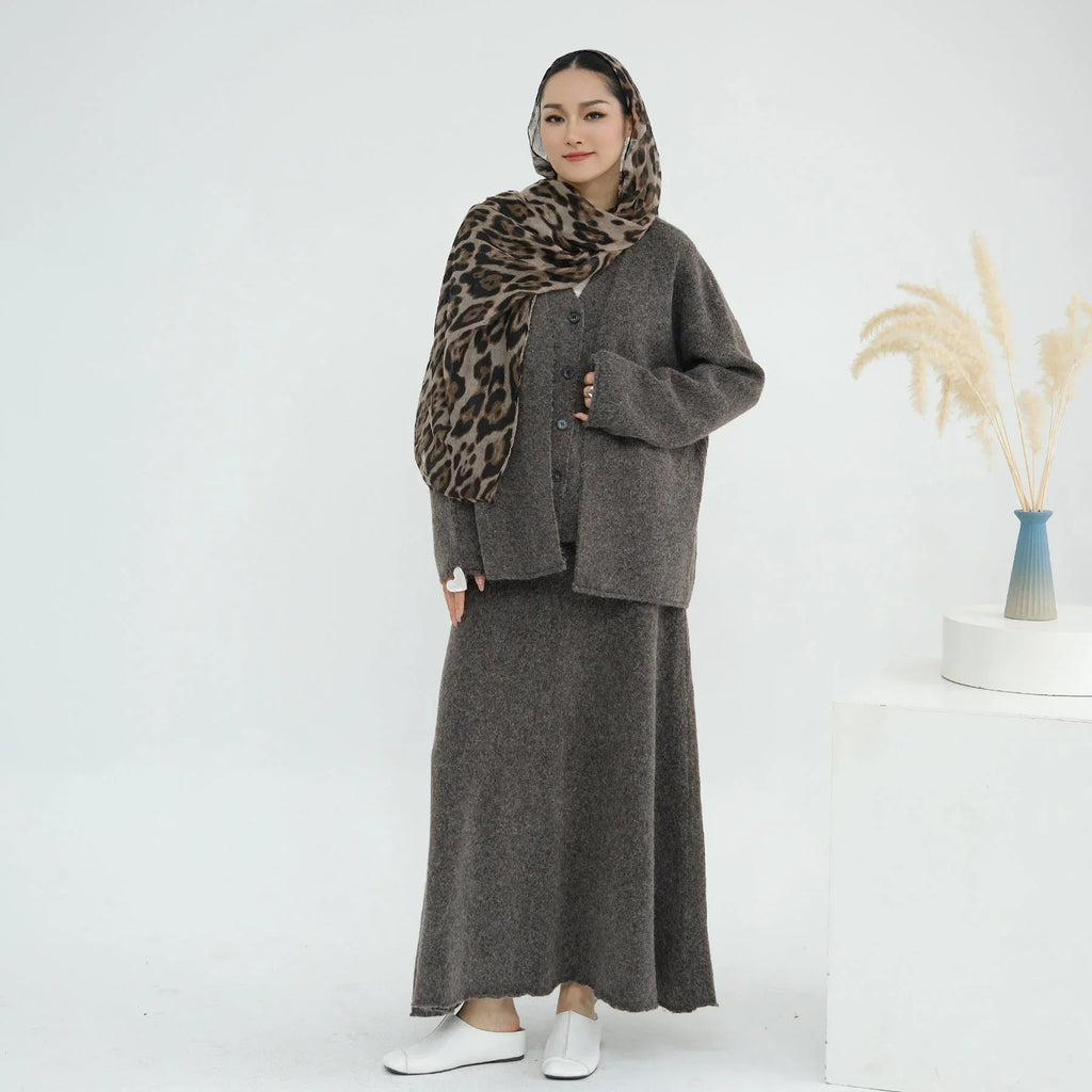 LM225 Ensemble Abaya Tricot Hiver 3 Pièces pour Femmes Musulmanes – Coordiné Modeste