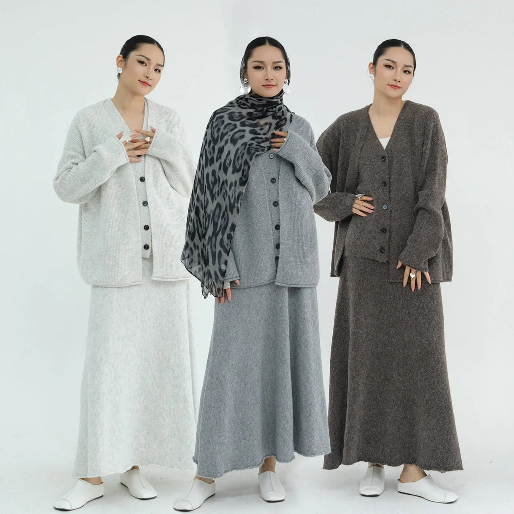 LM225 Ensemble Abaya Tricot Hiver 3 Pièces pour Femmes Musulmanes – Coordiné Modeste