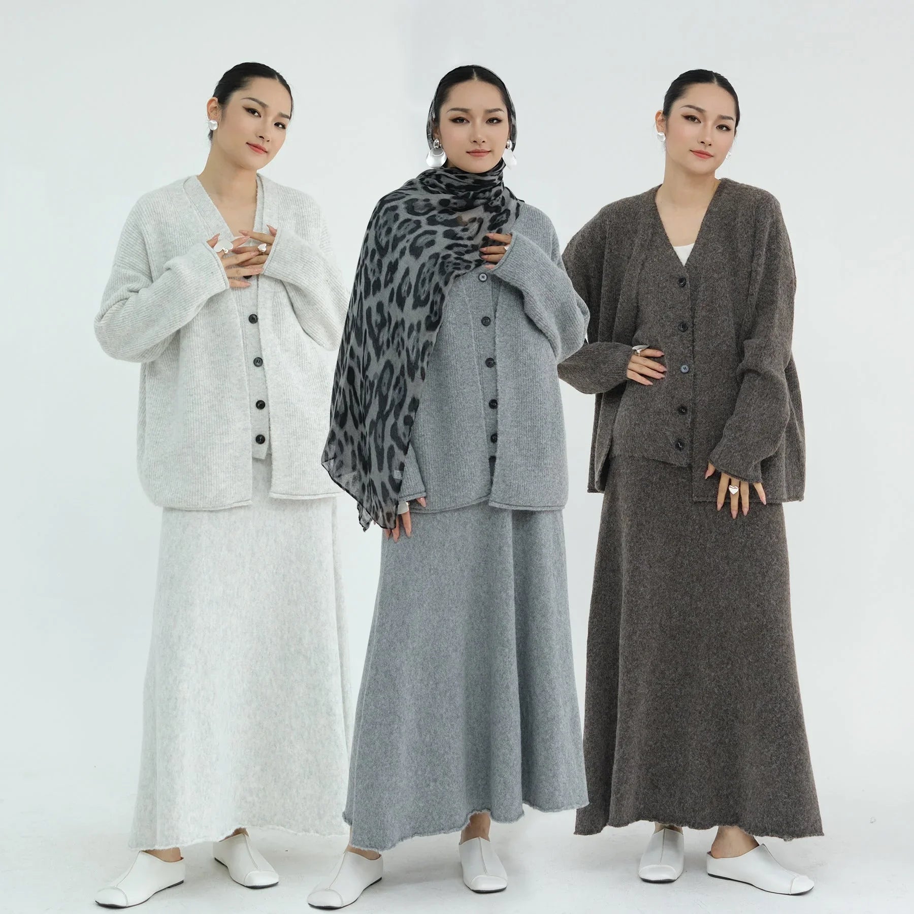 LM225 Ensemble Abaya Tricot Hiver 3 Pièces pour Femmes Musulmanes – Coordiné Modeste